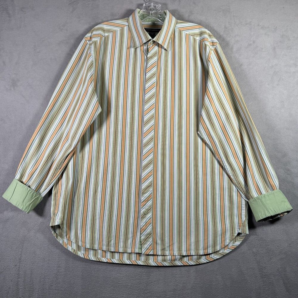 Jhane Barnes Shirt Mens L Green Peach Striped Button Up Long Sleeve Flip Cuff - Picture 3 of 11